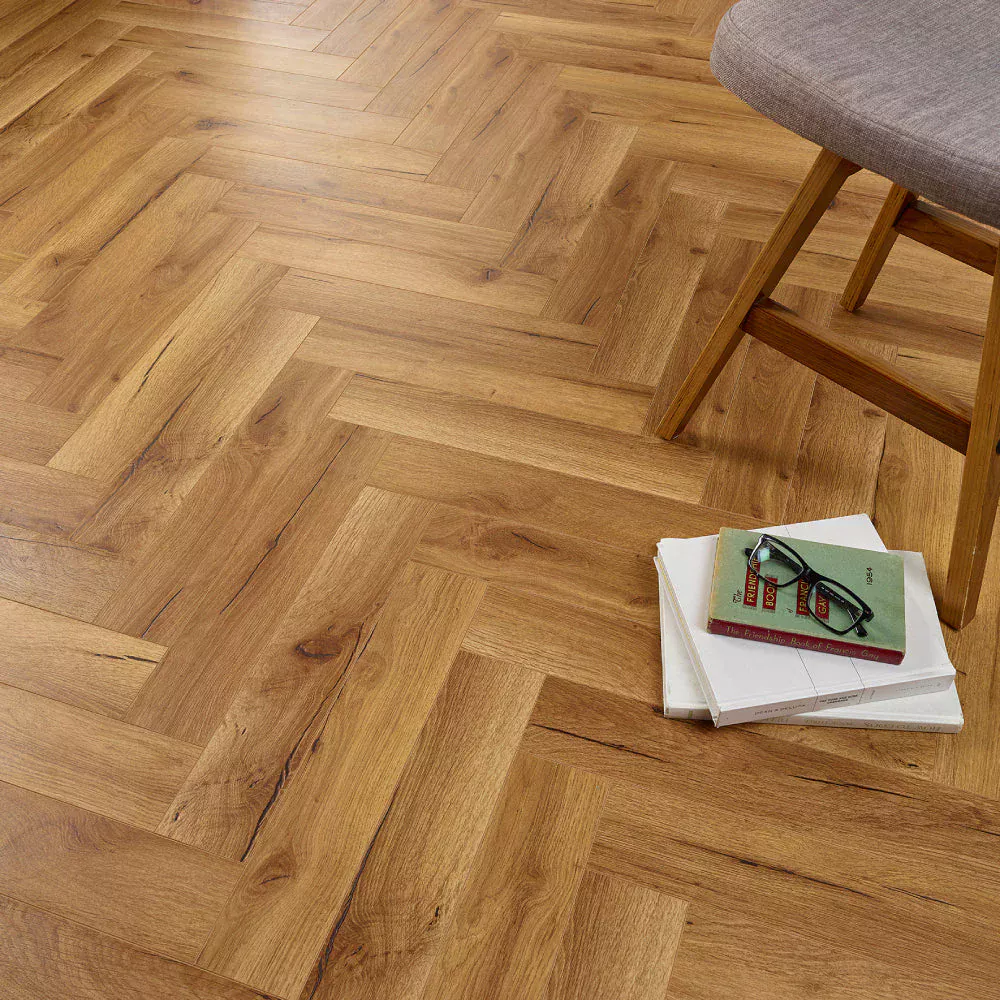 Elegant living room with classic herringbone laminate flooring.