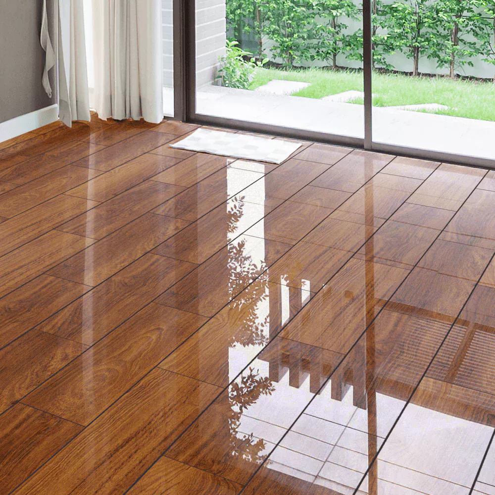 Sleek room with reflective high-gloss laminate flooring.