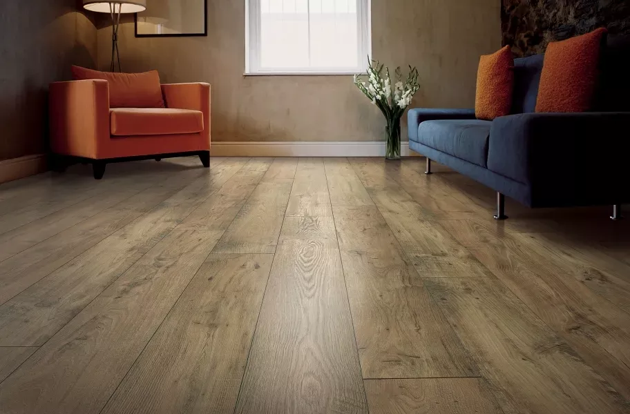 Living room with a non-reflective matte finish laminate floor.